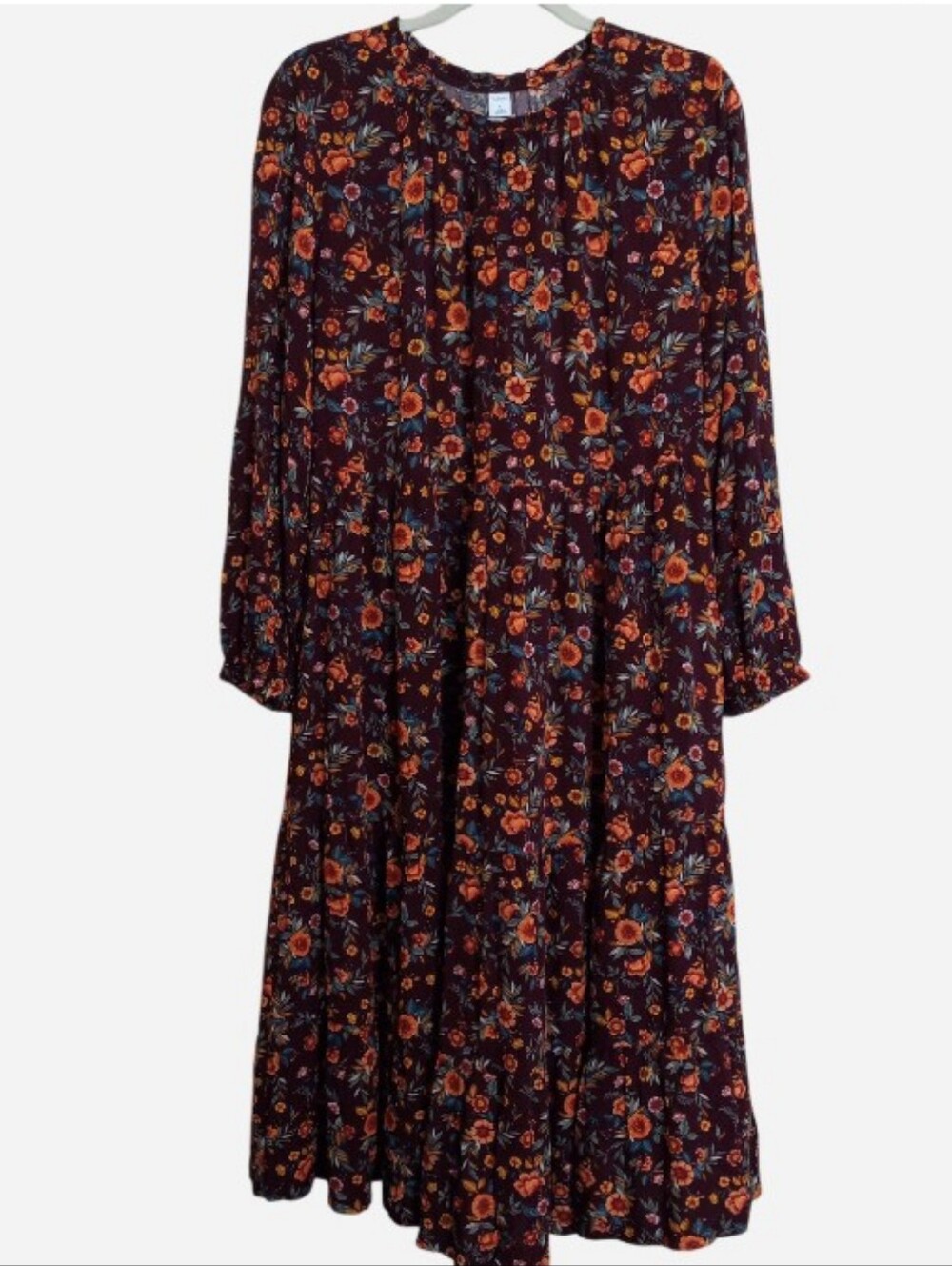 Old Navy Burgundy Floral Printed Long Sleeve Tiered Midi Swing Dress